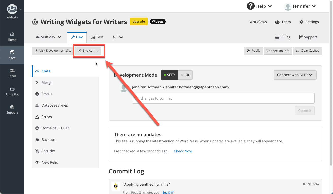 The Site Admin button
