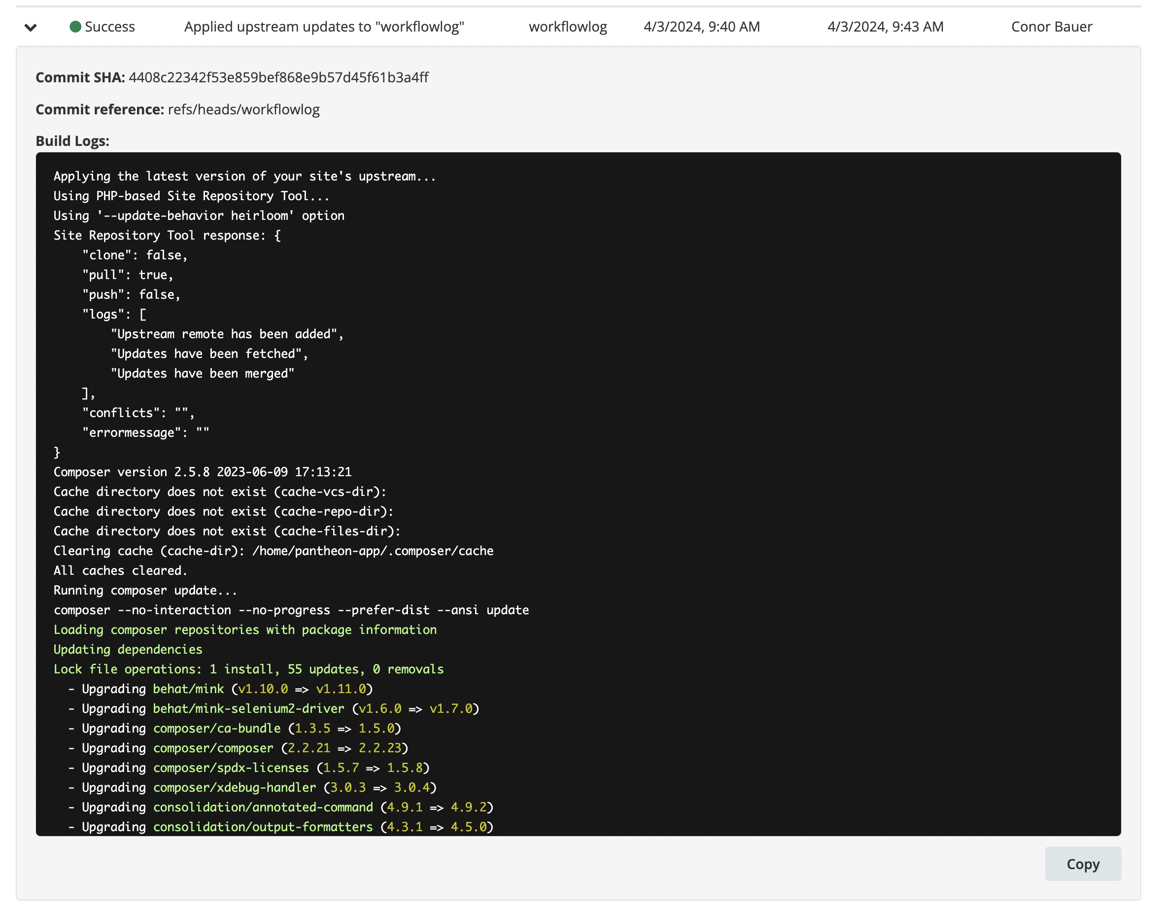 Workflow status details for composer build logs