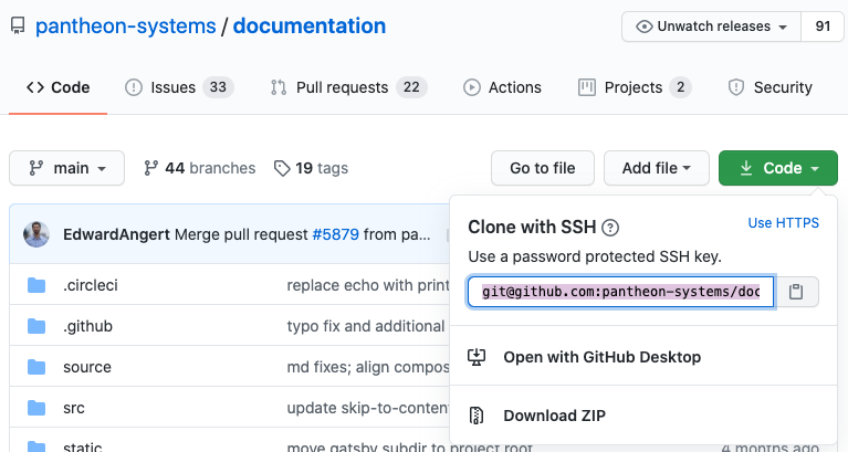 Click Code and copy the repository URL