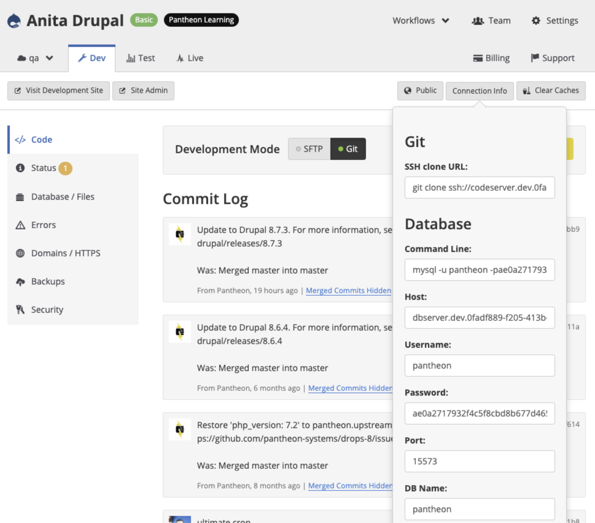 connection info details for mysql etc